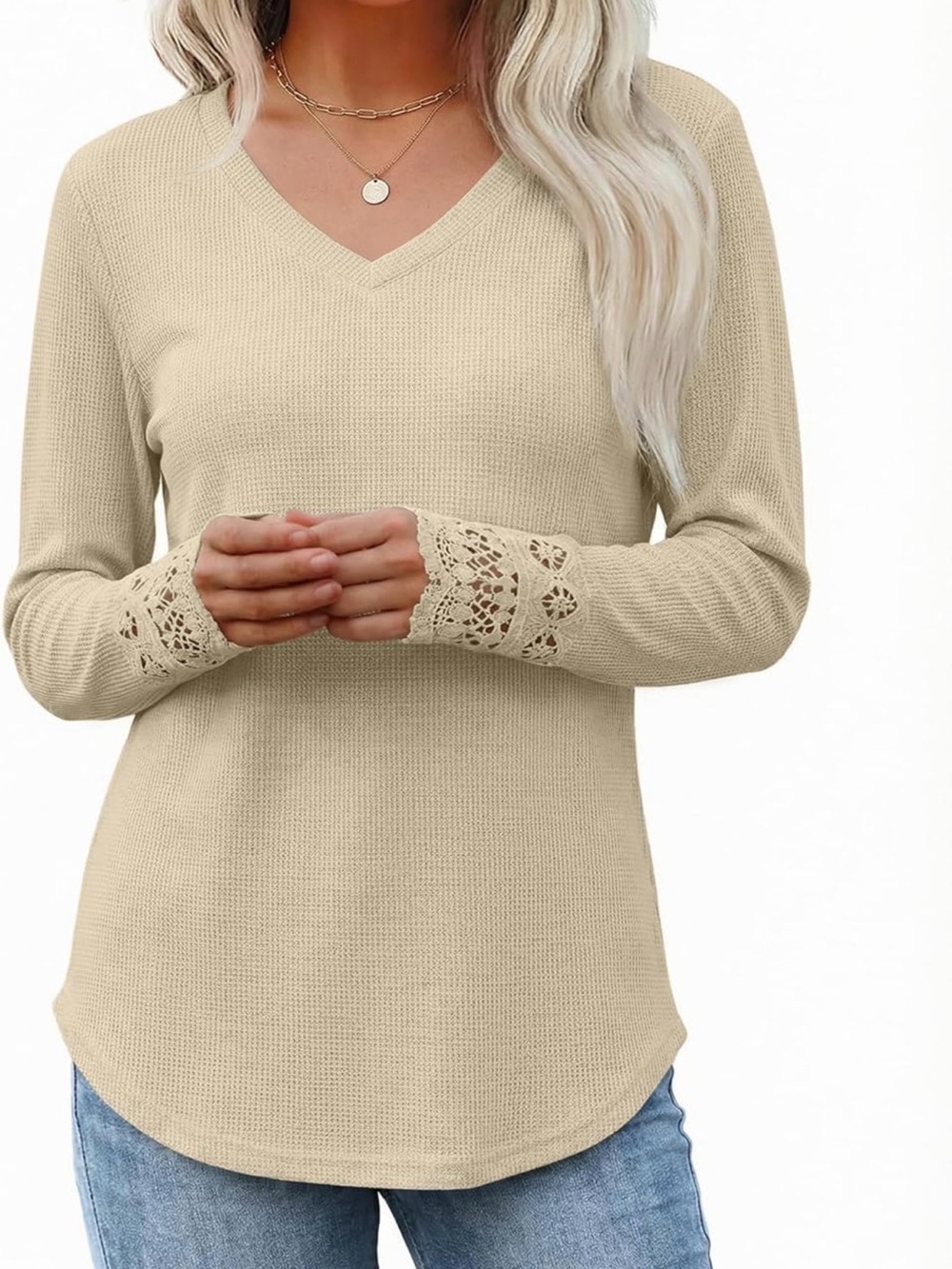 Lace Cuff V-Neck Long Sleeve Top - Beige